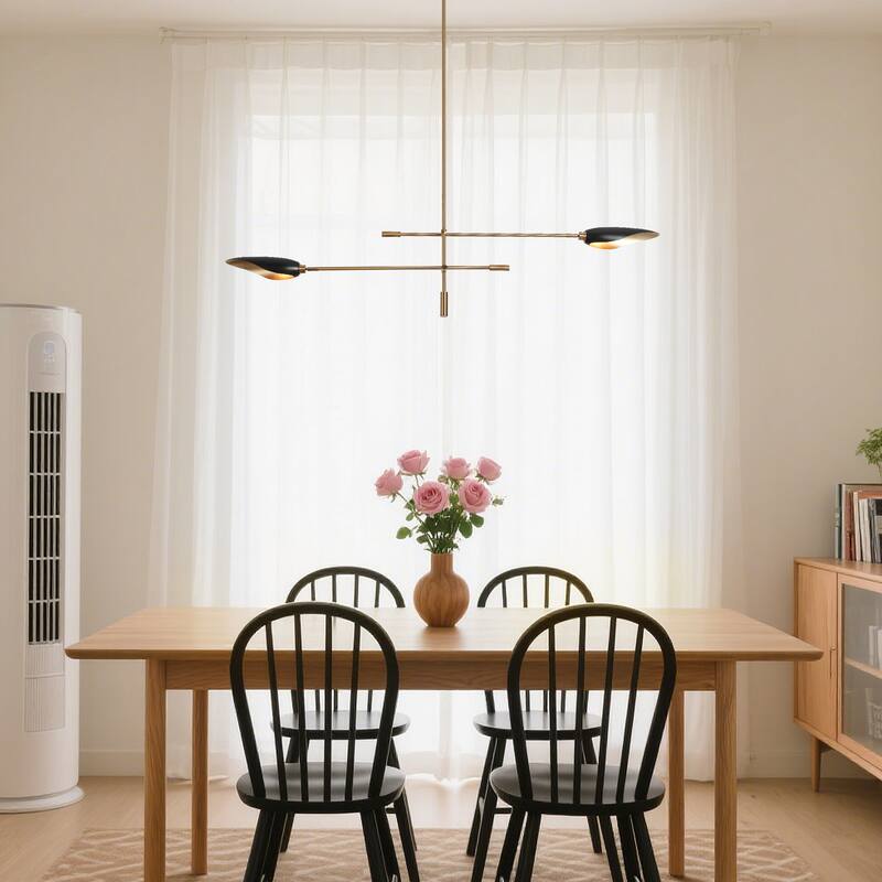 2-Light Unique Modern Linear Black Gold Chandelier Metal Island Lights for Dining Room - L 58" x W 4.4" x H 14"