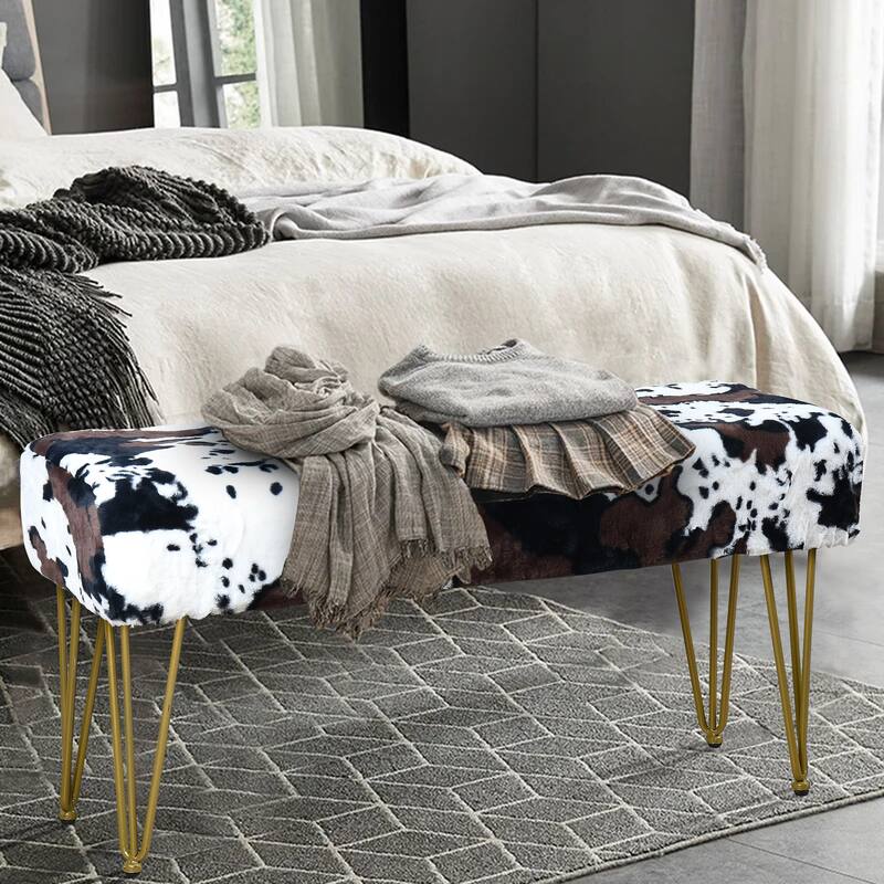 Home Soft Things Cow Flower Type Ottoman Bench with Gold Metal Legs