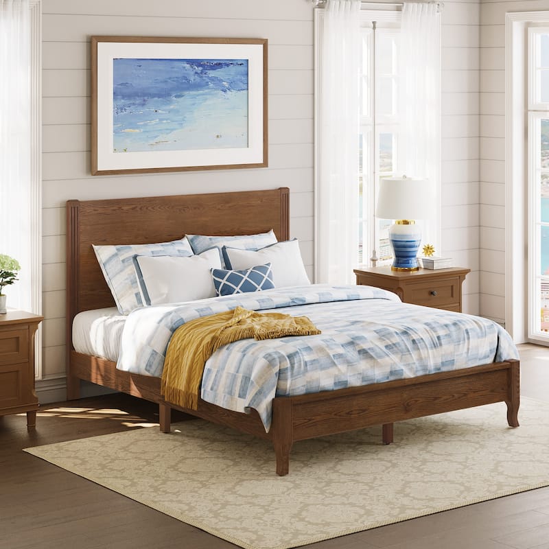 Solid Wood Panel Platform Bed with Headboard, Double Size Beds Wooden Rustic Bed Frame Bedroom Furniture