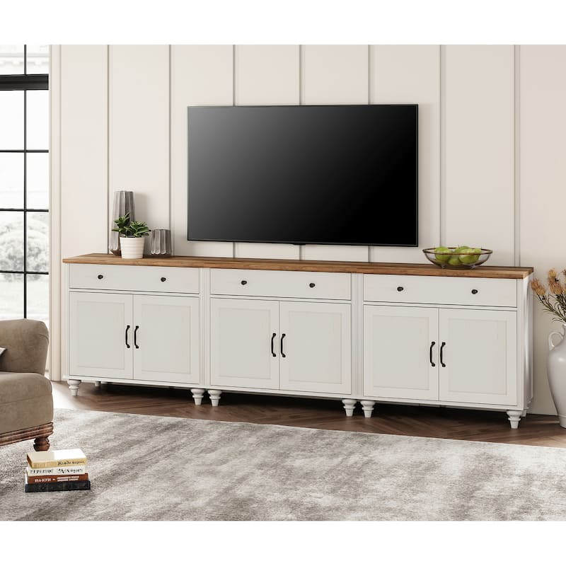 Farmhouse TV Stand for 75 inch TV, TV Console with Storage - 101inch - Off White