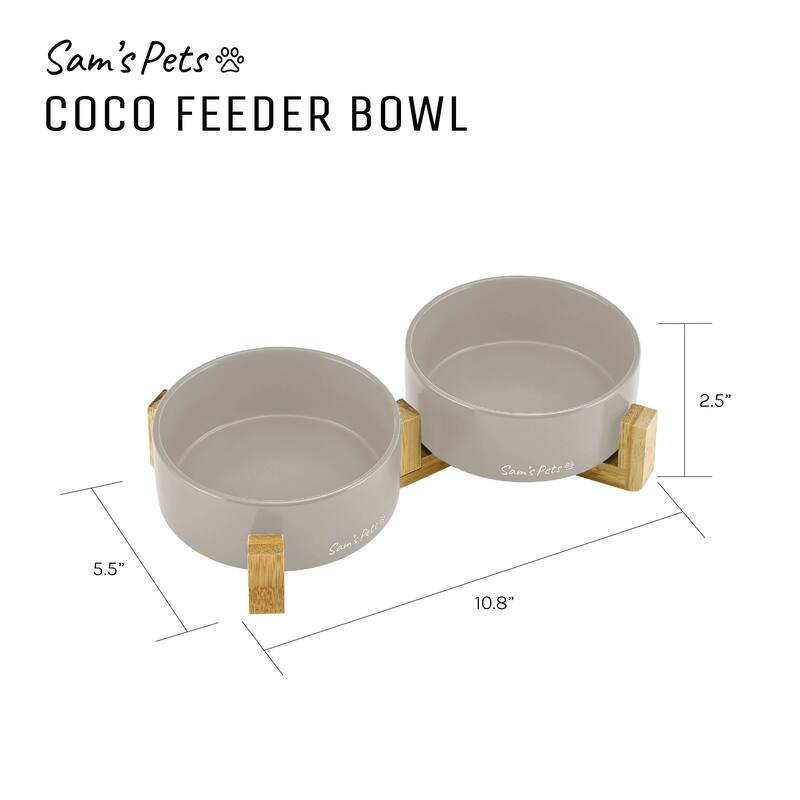 Coco Dual Pet Bowl with Wood Stand 5.11'' in Gray - 10.8