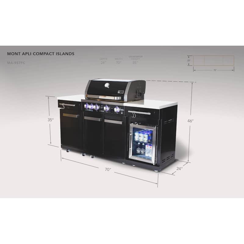 Mont Alpi Premium 70" Black Stainless Steel Outdoor Kitchen Island with Refrigerator + 32"W 4-Burner BBQ Gas Grill + Rear Burner