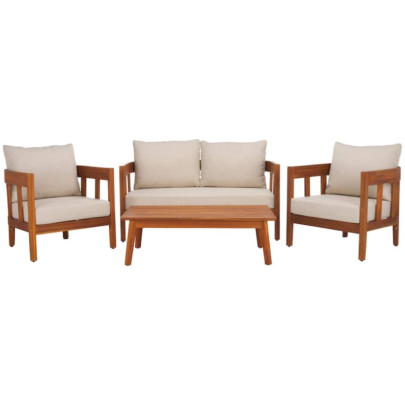 SAFAVIEH Owen 4-Piece Solid Wood Patio Conversation Set - 52"W x 30"D x 25"H