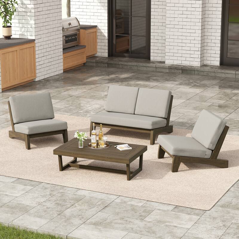 4 Set Outdoor Patio Teak Wood Club Chairs Loveseat with Cushion