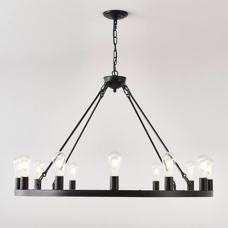 39.4 Inch Black Extra Large Wagon Wheel Chandelier,12-Lights Industrial Round Ceiling Pendant Adjustable Chain-E26