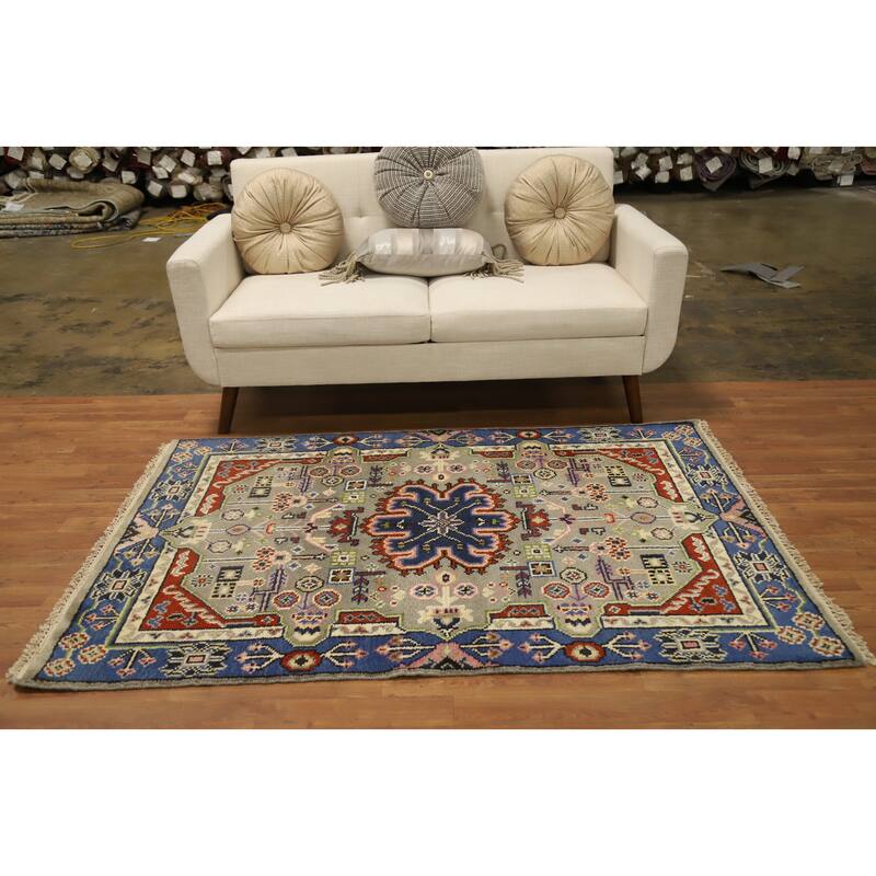 Hand Knotted Oriental 100% Wool Carpet Traditional Geometric Beige & Ivories Kazak Area Rug - 5' 10'' X 4' 0''