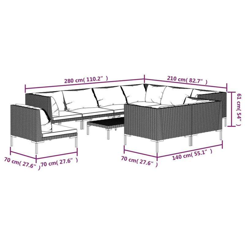 vidaXL Patio Lounge Set Outdoor Sectional Corner Sofa Poly Rattan Dark Grey - 27.6" x 27.6" x 24"