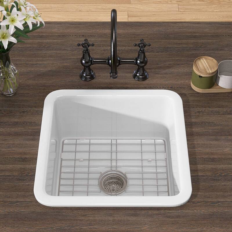 18" L X 18" W Fireclay Single Bowl Drop-In Kitchen Sink Undermount Farmhouse Sink With Accessory