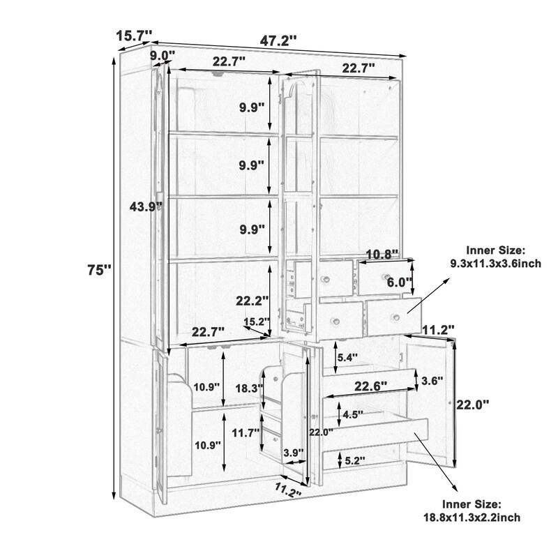 75" Freestanding Kitchen Pantry Buffet with Hutch, 4 Drawers, Glass Doors, Adjustable Shelves and Pull-Out Trays