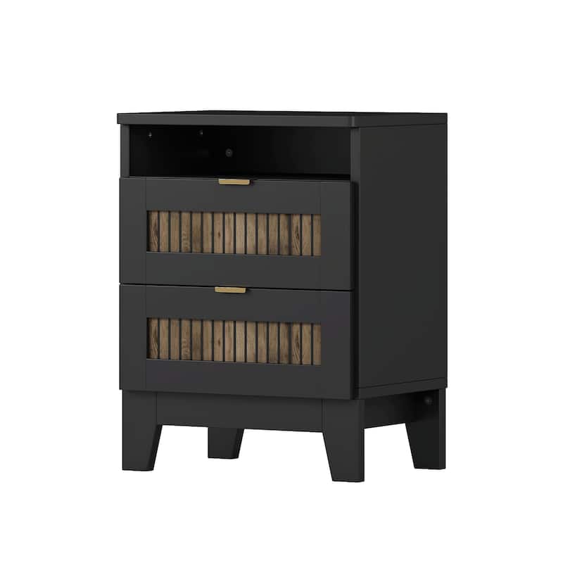2-Drawer Farmhouse Wooden Nightstand with Wooden Strip Decoration and Metal Handle