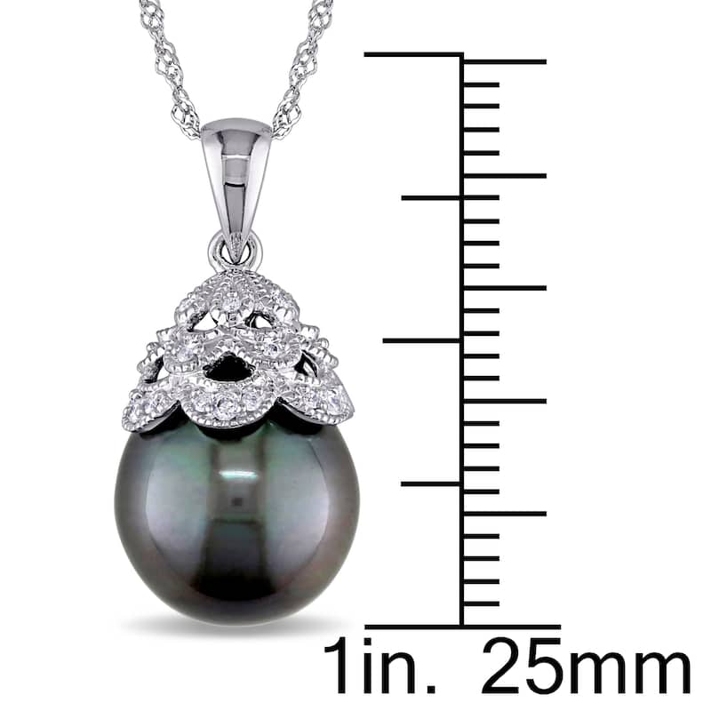 Miadora 10 -10.5mm Black Tahitian Cultured Pearl and Diamond Accent Filigree 10k White Gold