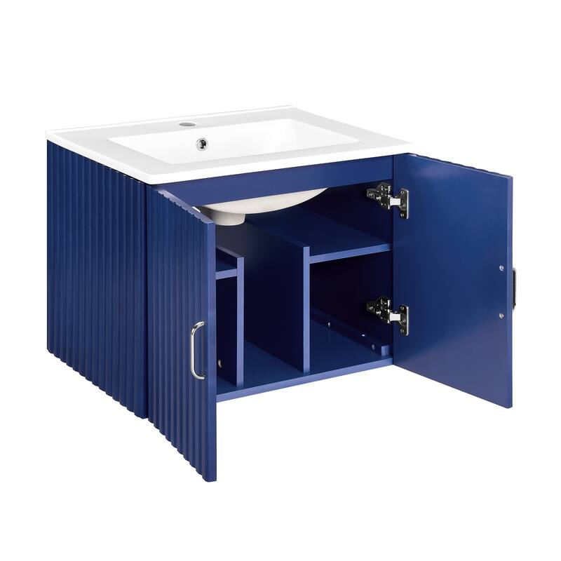 24" Wall-Mounted Floating Bathroom Vanity with Porcelain Sink, Soft-Close Doors, and Waterproof MDF Board