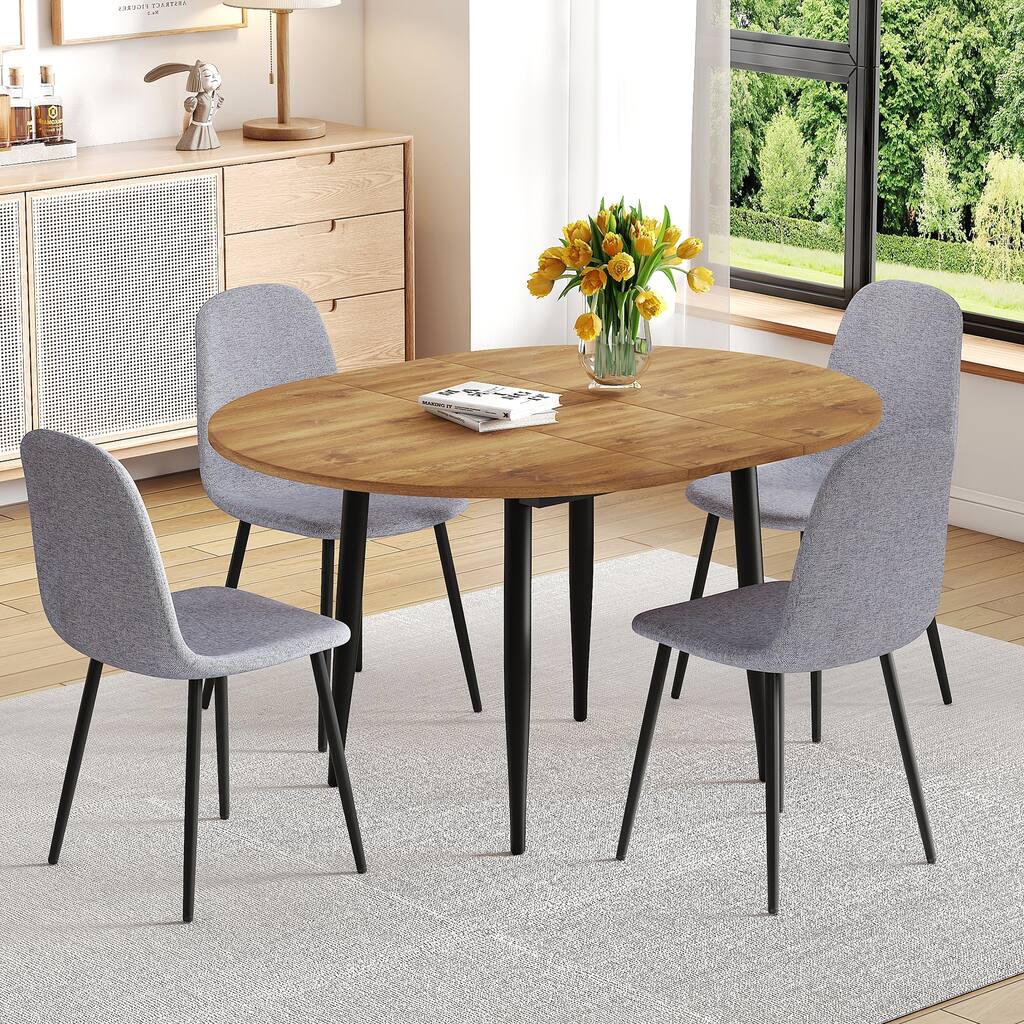 Rustic Extendable Dining Set with 4 Linen-Cotton Dining Chairs