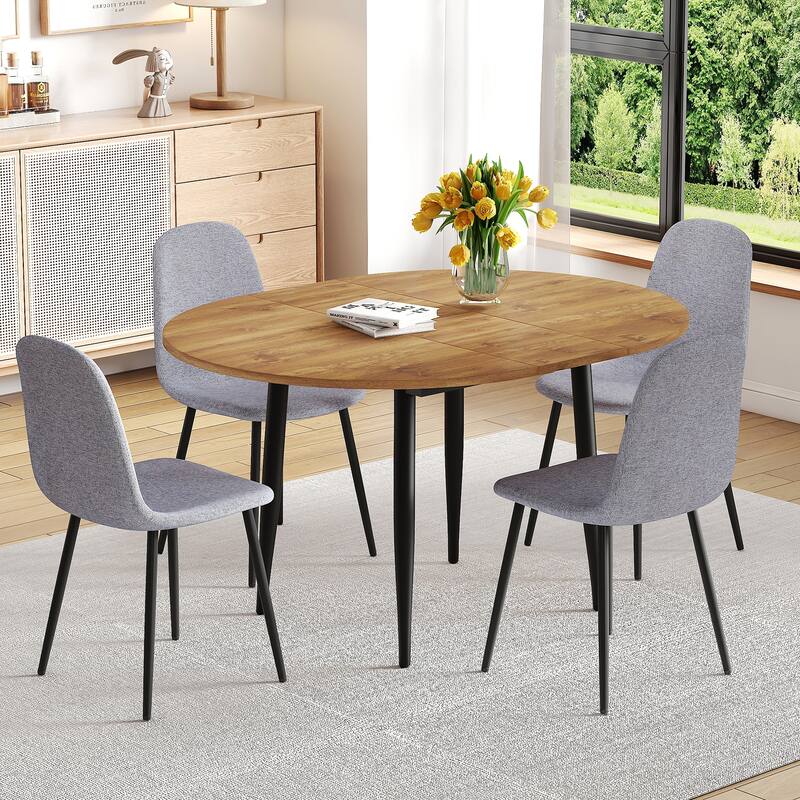 Wood Kitchen Table Set with 4 Chairs, 5-Piece Round Dining Set with Extendable Dining Table for Dining Room