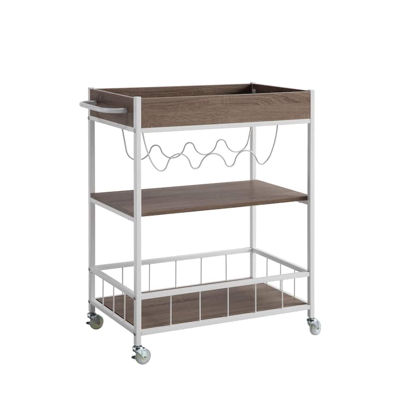 "Brown & White Kitchen Cart with 3-Tier Storage, Four Wine Bottle Rack, and Locking Wheels"