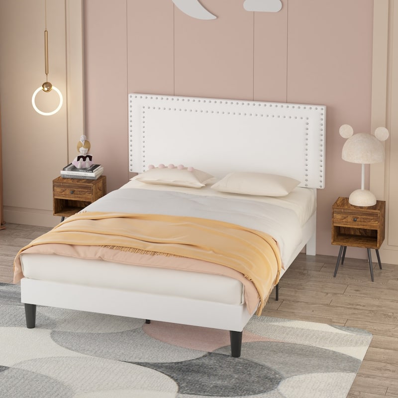 VECELO White 4 Piece Bedroom Set Upholstered Height-Adjustable Bed Nightstand Standing Jewelry Cabinet