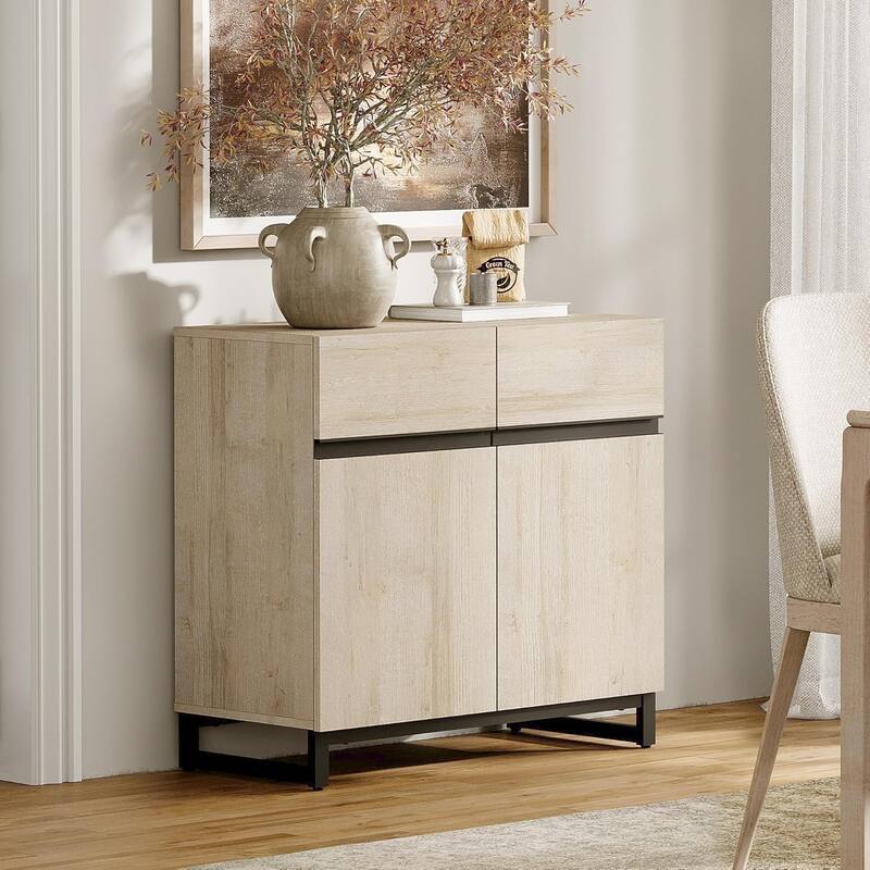 WAMPAT Storage Cabinet, Modern Sideboard with Adjustable Shelf and Metal Base - 1PCS - Light Oak