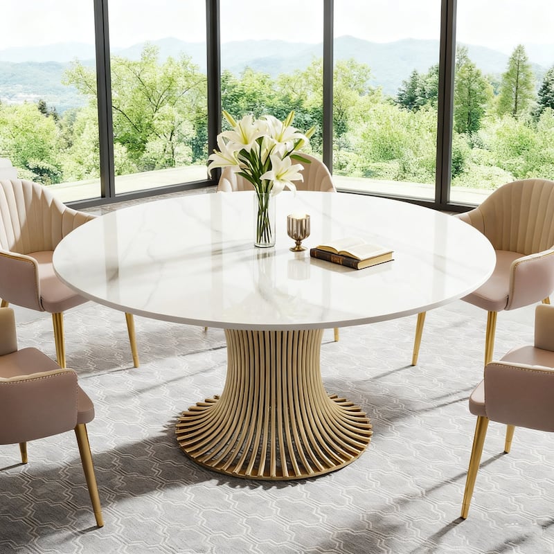 Modern Sintered Stone Round Dining Table With Gold Stainless Steel Pedestal For 6 People - Gold and White