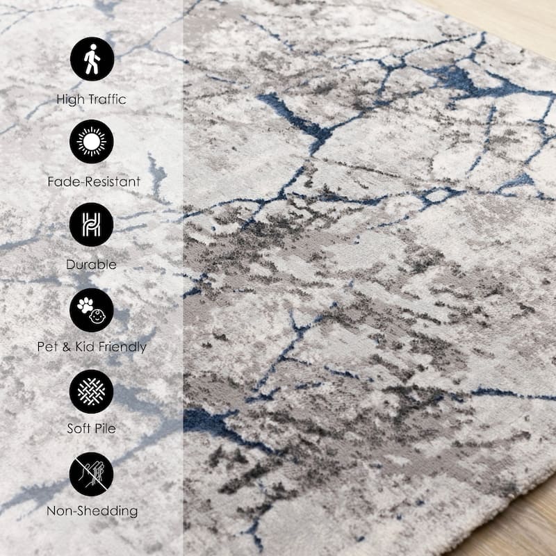 Blue Grey White Cracked Design Soft Polyester Rug