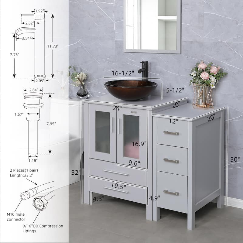 36" Bathroom Vanity Sink Gray Set with Side Cabinet Vessel Sink Faucet Combo
