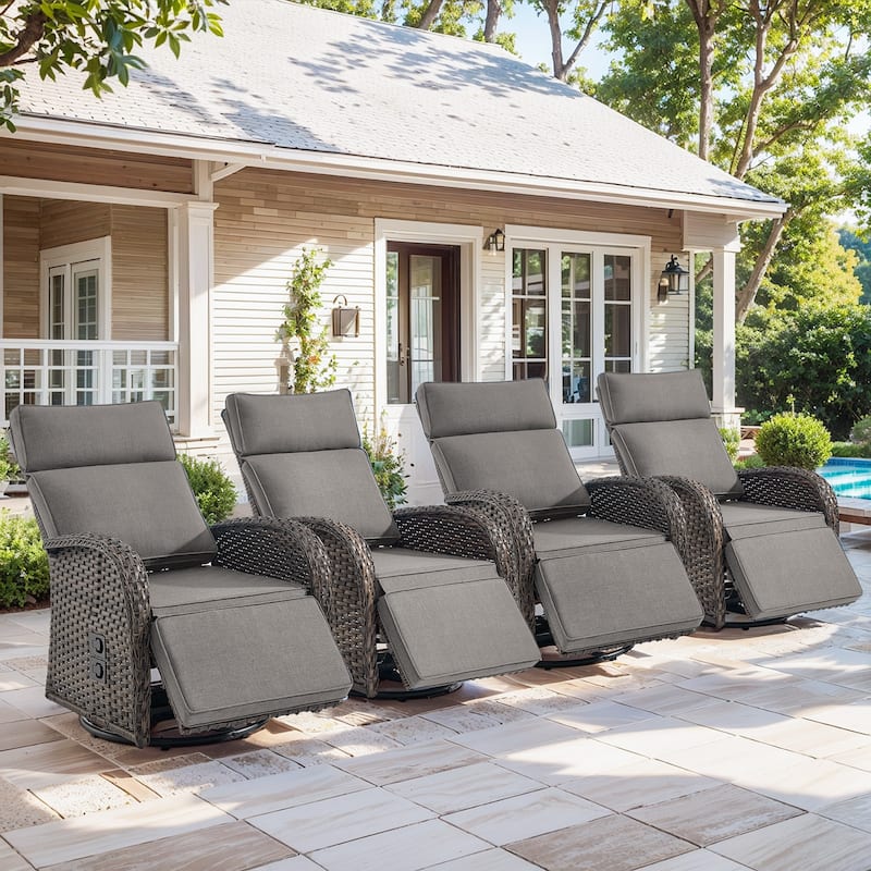 Pocassy Reclining Patio Chair with Adjustable Backrest - Grey Cushion - 4 Swivel Chairs