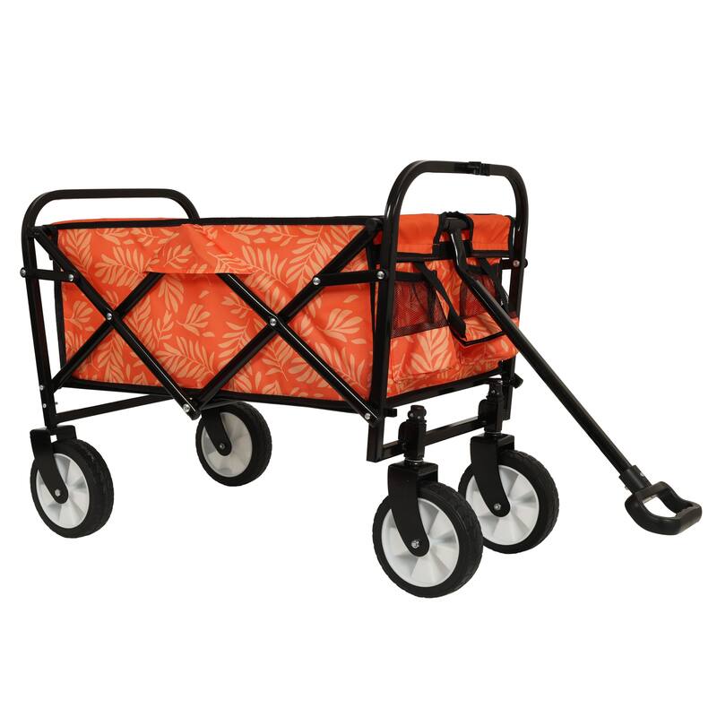 Patterned Collapsible Utility Wagon - Orange Leaf Design with Storage Straps, 225lb Capacity