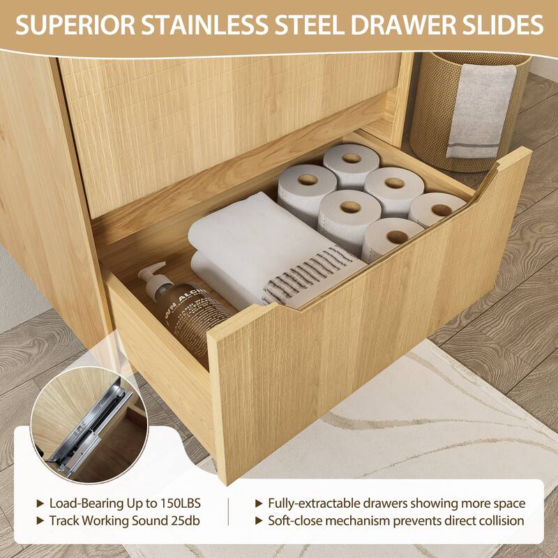 32" Floating Bathroom Vanity with Sink - Multi-Layer Solid Wood, Wall-Mounted with White Stone Top & 2 Soft-Close Drawers