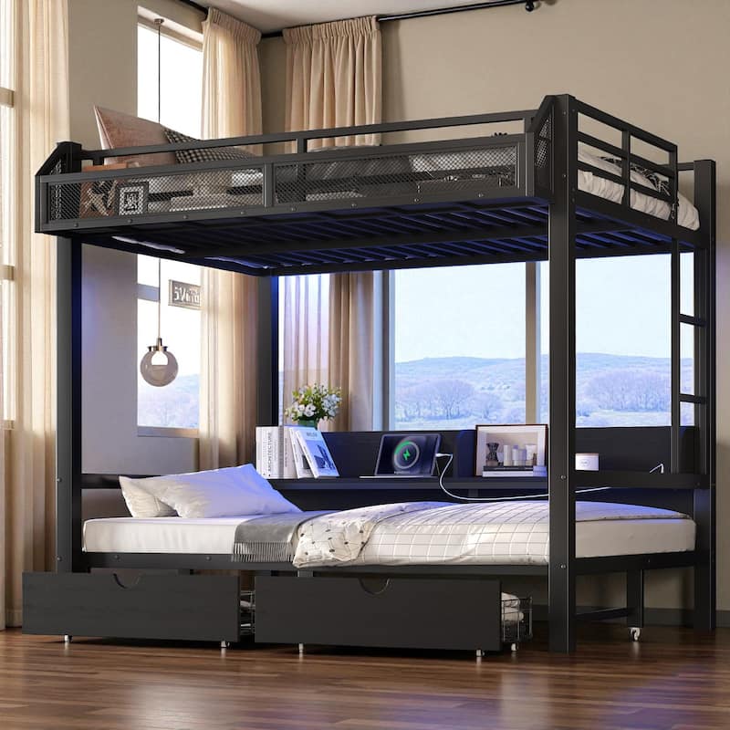 Full over Full Metal Bunk Bed with Storage Shelves, Drawers, USB Ports & LED Lights, Convertible Sofa Design