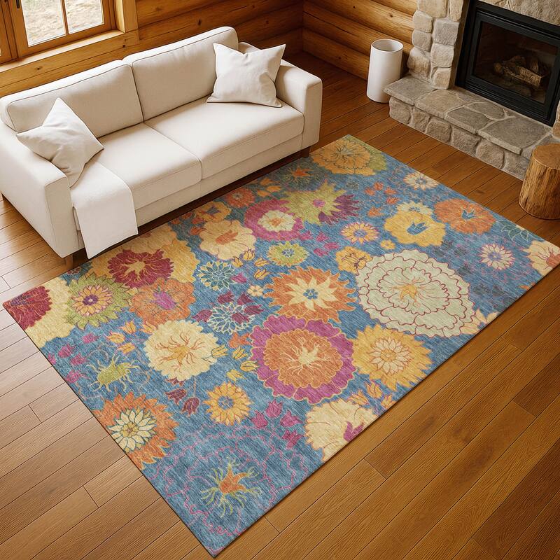 Machine Washable Indoor/ Outdoor Modern Floral Chantille Rug