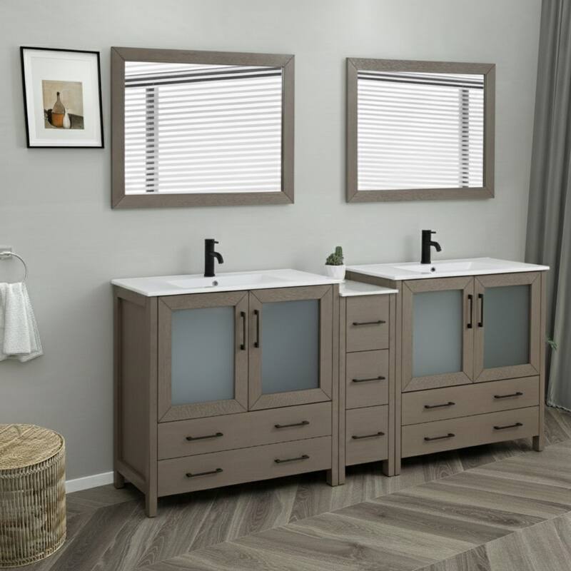 Vanity Art 84" Double Sink Bathroom Vanity Set 7 Dove-Tailed Drawers, 3 Cabinets, 2 Shelves, Soft-Closing Doors with Free Mirror