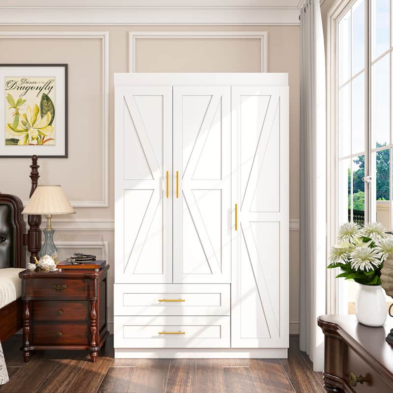 Classic Three-Door Wardrobe,Wood Bedroom Armoire with Hanging Rod and Shelves,Spacious Storage Closet,Modern Farmhouse Design