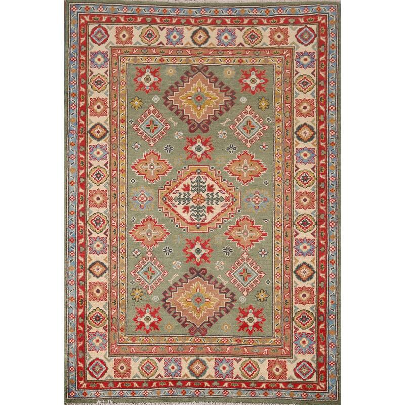 Hand Knotted Oriental 100% Wool Carpet Traditional Geometric Green Kazak Area Rug - 5' 11'' X 4' 0''