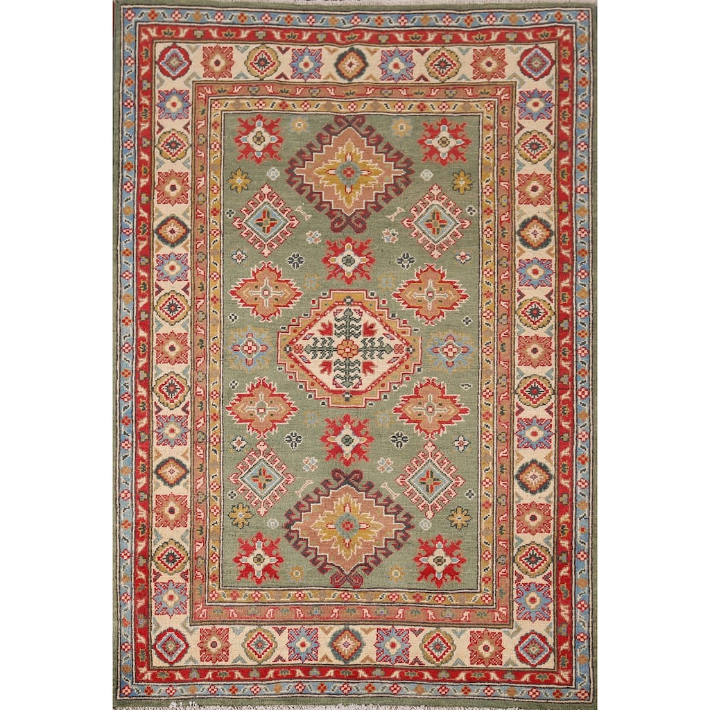 Hand Knotted Oriental 100% Wool Carpet Traditional Geometric Green Kazak Area Rug - 5' 11'' X 4' 0''