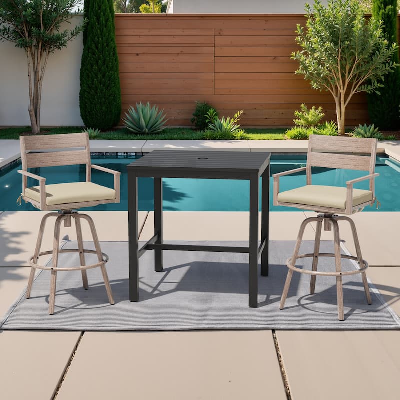 3/5-Piece Patio Aluminum Swivel Bar Stools with Sunbrella Cushion and Table Set - Canvas Antique Beige - Set of 3