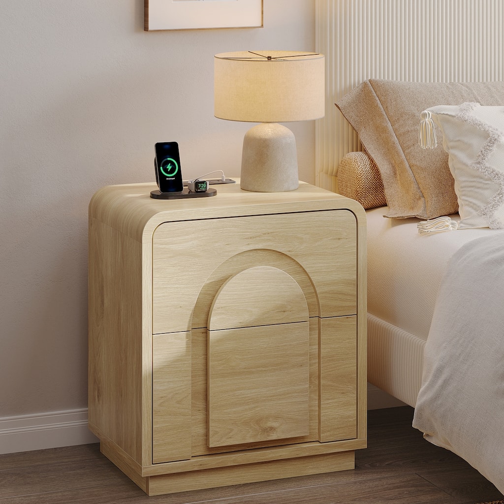 Bestier Nightstand with Charging Station, Modern LED End Tables with 2 Drawers, Boho Bedside Table with Storage for Bedroom