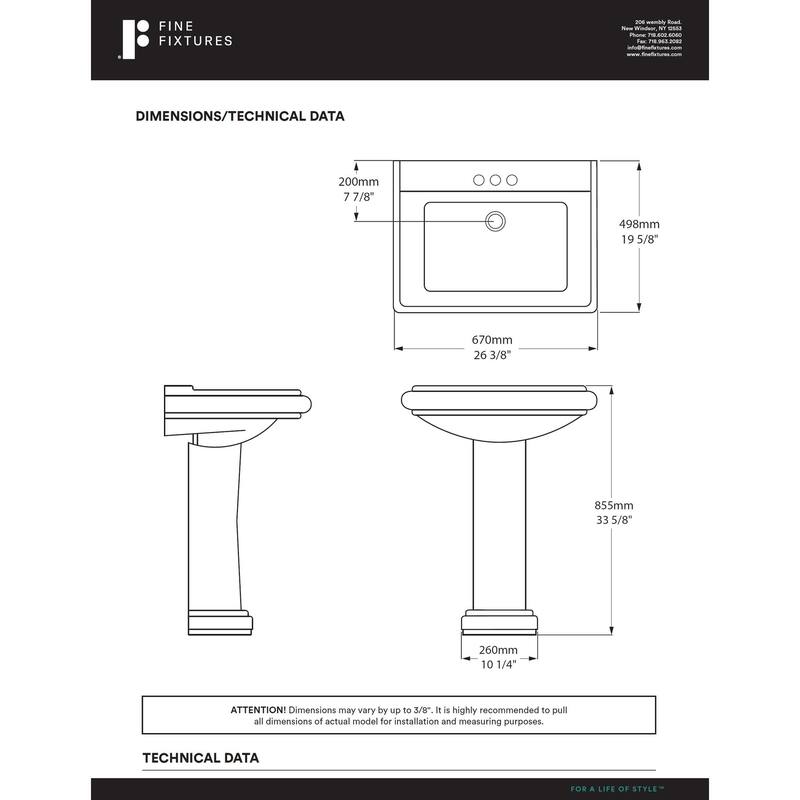 Fine Fixtures Ashfield Ceramic White Pedestal Bathroom Sink, Model AS2619W