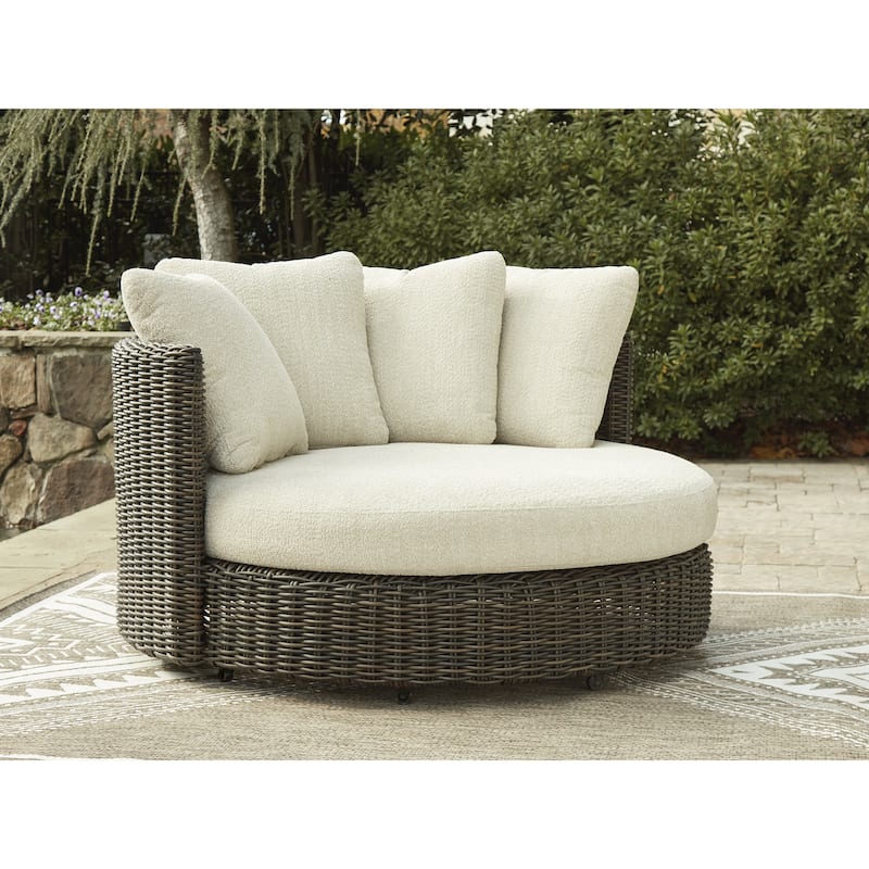 Signature Design by Ashley Kimora Brown/Beige Outdoor Swivel Lounge Chair with Cushion - 60" W x 57.75" D x 38.75" H