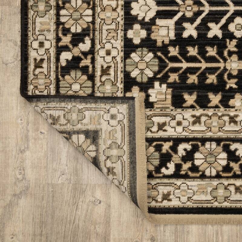 Adelaide Traditonal Bordered Floral Black/ Beige Wool Blend Area Rug