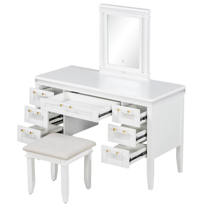 Vanity Desk with LED Lighted Mirror, Large Makeup Vanity Table, Dressing Table Set with 7 Drawers & Cushioned Stool