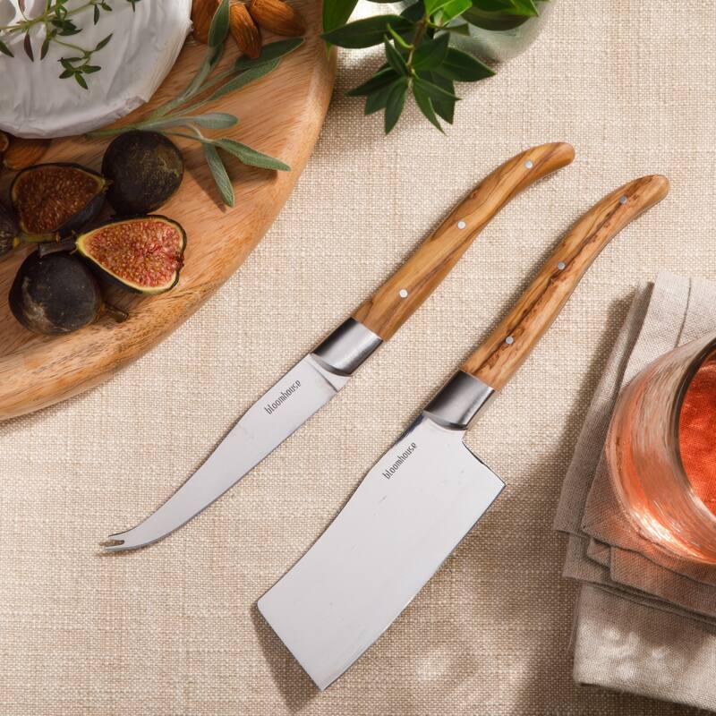 Bloomhouse 2-Piece German Steel Cheese Knife Set with Olive Wood Handles - Cheese Knives for Charcuterie & Entertaining