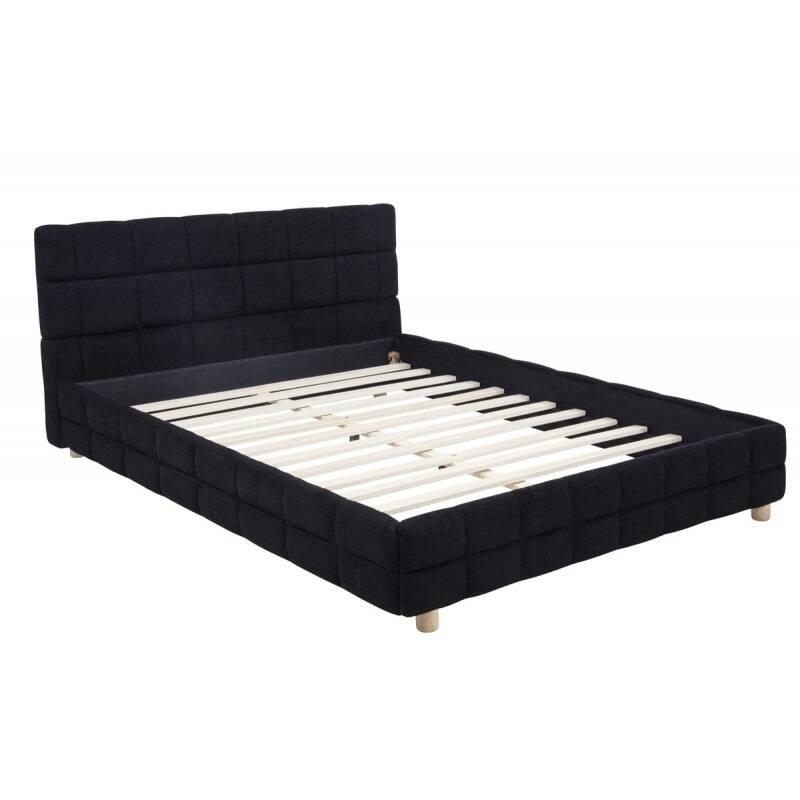 Queen Size Platform Bed with Fleece Upholstery and Grid-Patterned Headboard, Low Profile Modern Bed Frame in Black