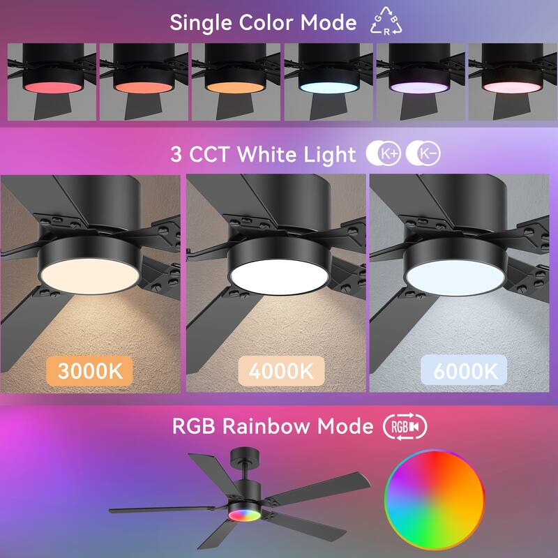52-Inch Matte Black Ceiling Fan with RGB LED Light and Voice Control((5 Reversible Blades)