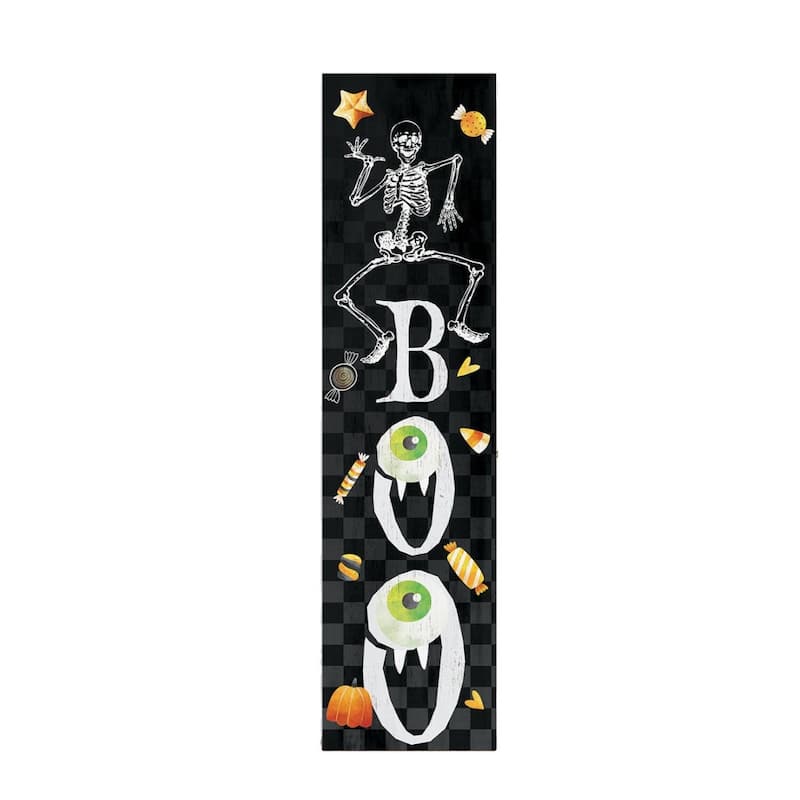 HomeRoots 36" Black And White Solid Wood Boo Halloween Skeleton Porch Sign