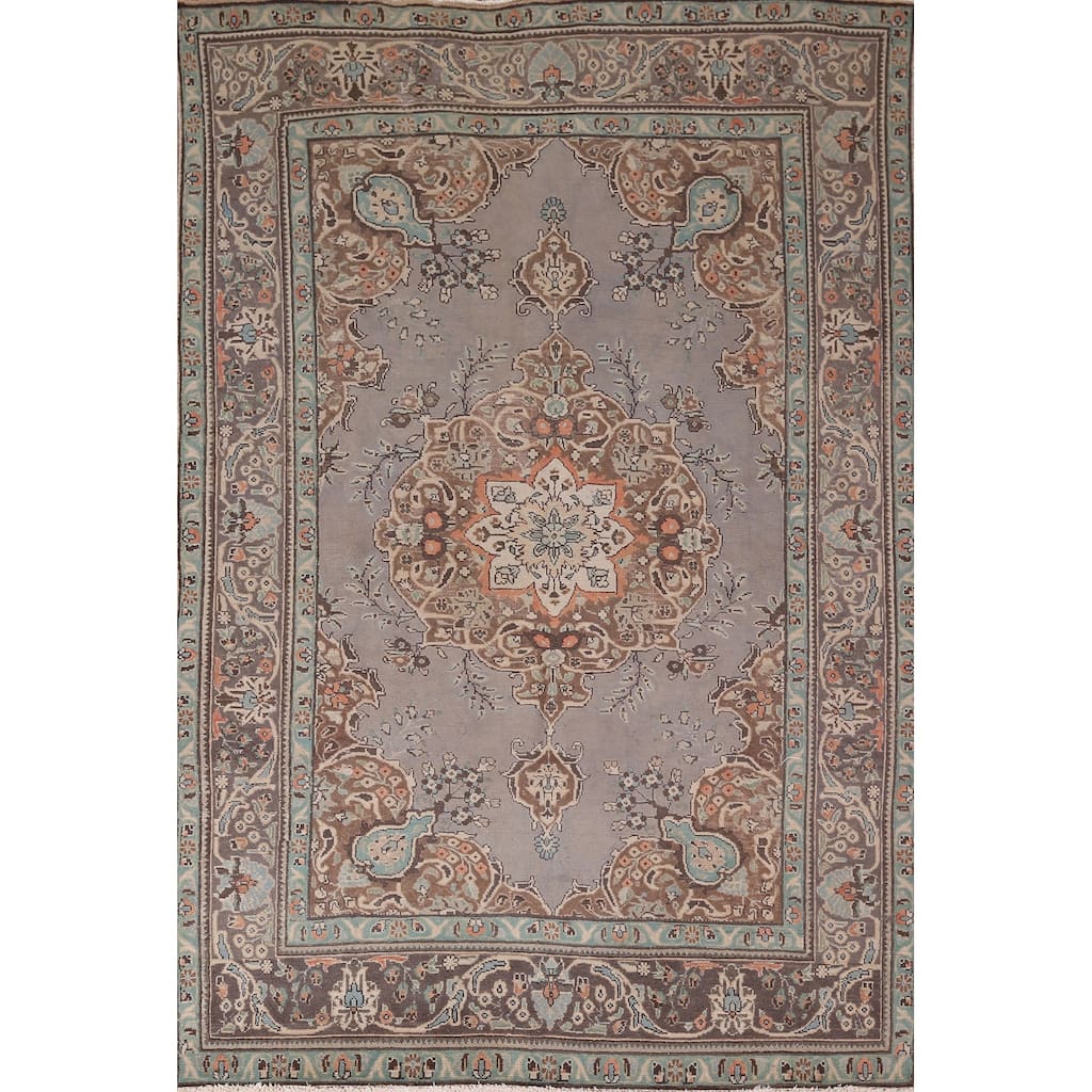 Hand Knotted Oriental 100% Wool Carpet Traditional Medallion Greys & Charcoal Tabriz Area Rug - 9' 8'' X 6' 5''