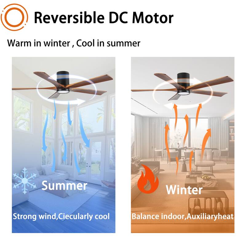 60" Ceiling Fan with Light, Flush Mount, 5 Wood Blades, Quiet Reversible DC Motor, Remote Control, Dimmable Full-Spectrum LED