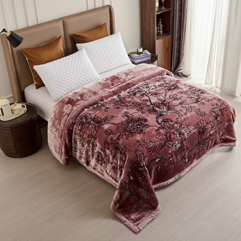 Floral & Animal 2-Ply Heavy Raschel Blanket 85" X 95" - King - Redwood Flower