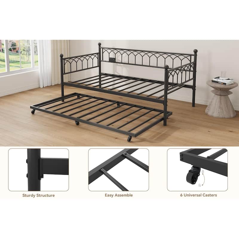 Heavy Duty Metal Platform Sofa Bed Frame, with Charging Station and LED Lights