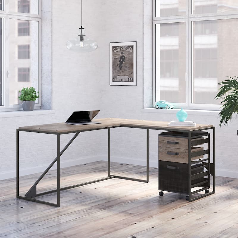 Refinery 62W L Shaped Industrial Desk with Drawers by Bush Furniture - Rustic Gray/Charred Wood