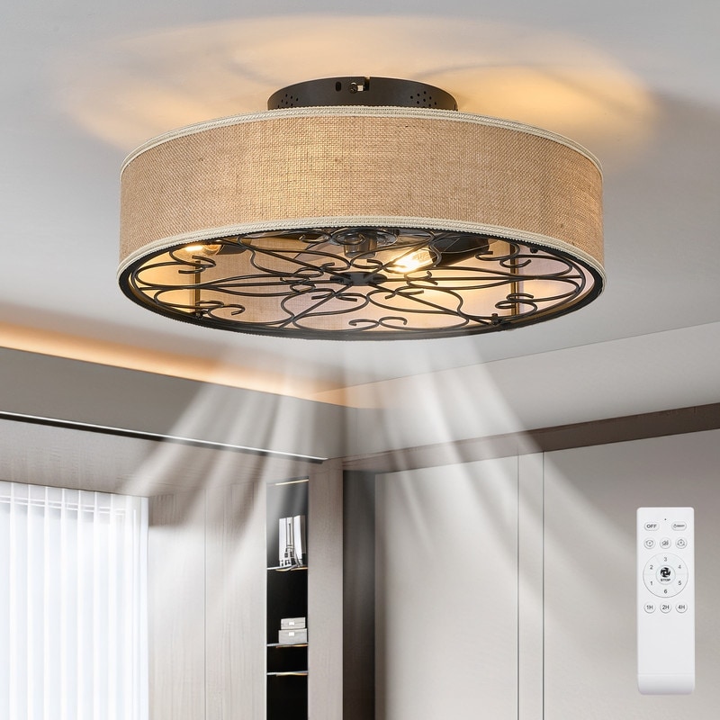 20'' Farmhouse Caged Ceiling Fan with Lights and Remote, Flush Mount Low Profile Fandalier Ceiling Fan with Fabric Shade