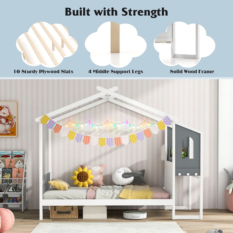 Gymax Twin Size Kids House Bed w/ Study Desk & Removable Box Drawers